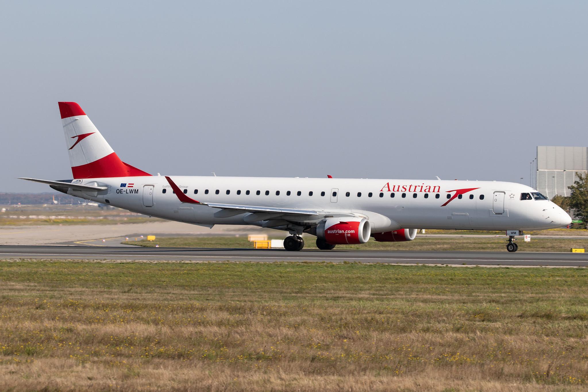 Frankfurt Airport: Austrian Airlines (OS / AUA) |  Embraer ERJ-195LR E195 | OE-LWM | MSN 19000542