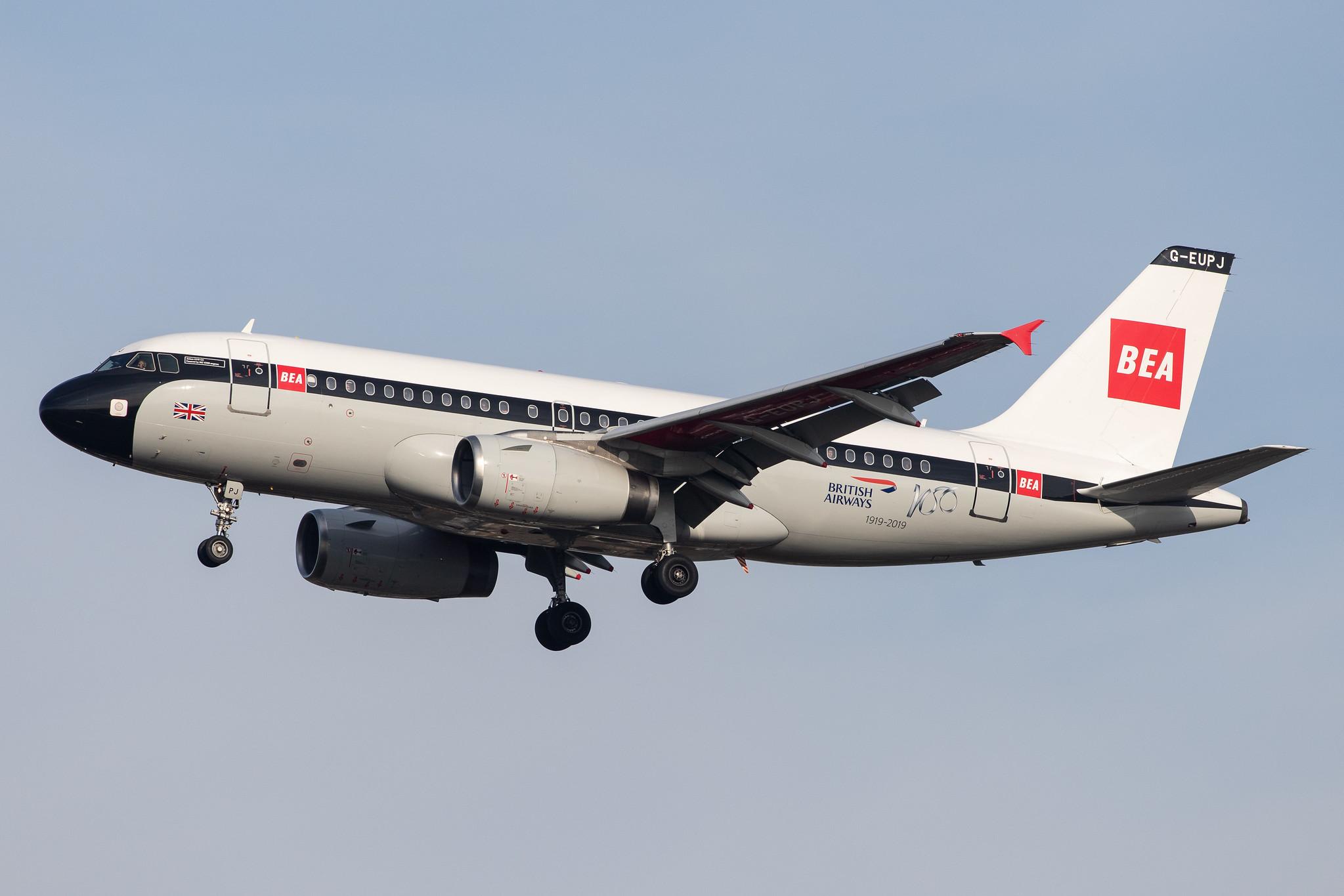 London Heathrow Airport: British Airways (BA / BAW) |  Livery: BEA Retro Livery |  Airbus A319-131 A319 | G-EUPJ | MSN 1232