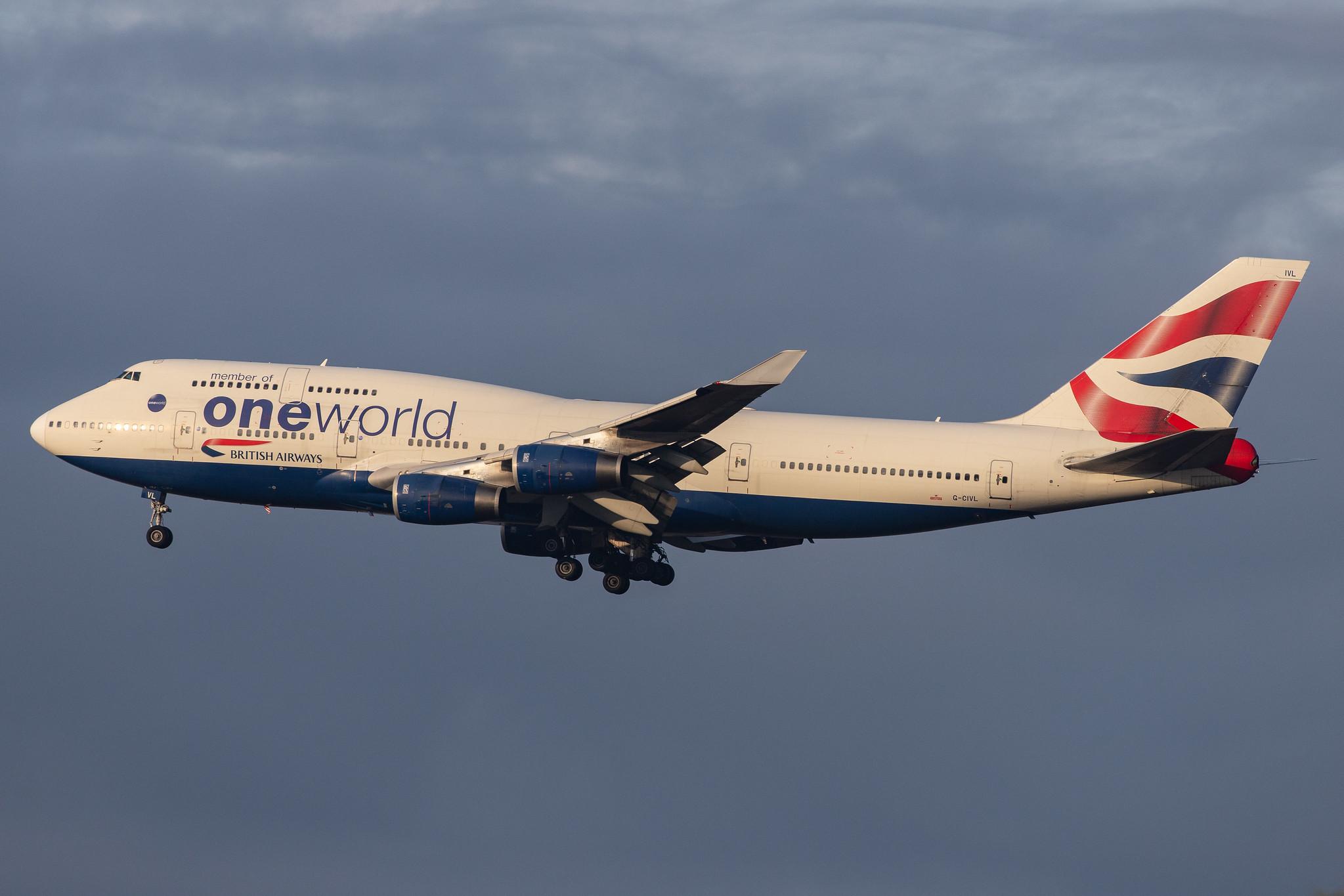 London Heathrow Airport: British Airways (BA / BAW) |  Livery: Oneworld livery |  Boeing 747-436 B744 | G-CIVL | MSN 27478
