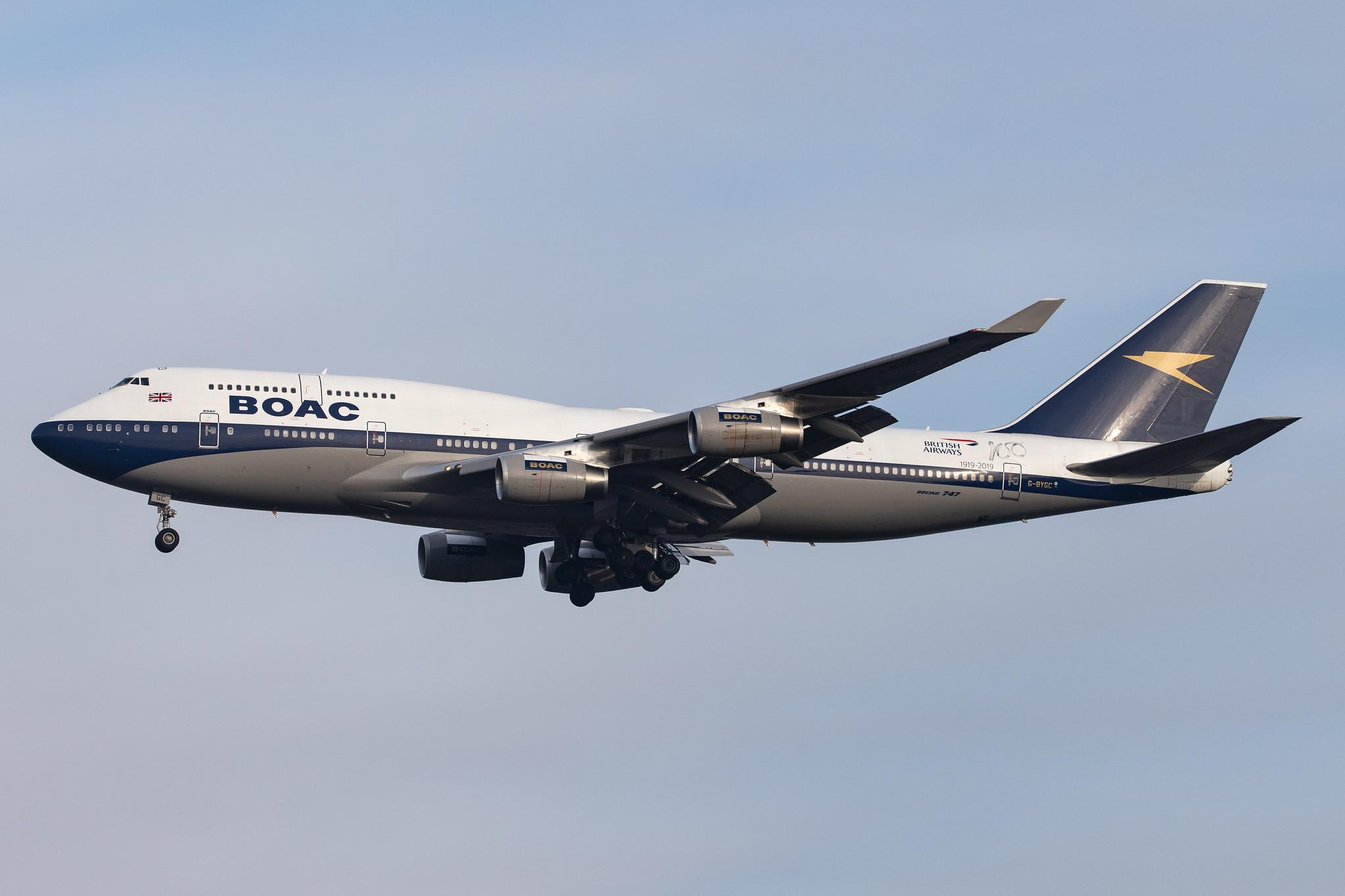 London Heathrow Airport: British Airways (BA / BAW) |  Livery: BOAC Retro Livery |  Boeing 747-436 B744 | G-BYGC | MSN 25823
