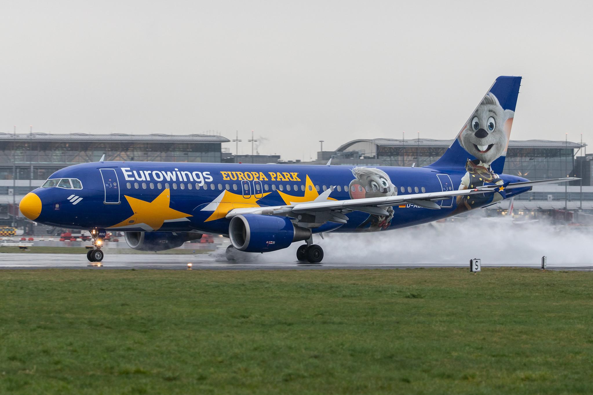 Hamburg Airport Apron: Eurowings (EW / EWG) |  Livery: Europa Park Livery |  Airbus A320-214 A320 | D-ABDQ | MSN 3121