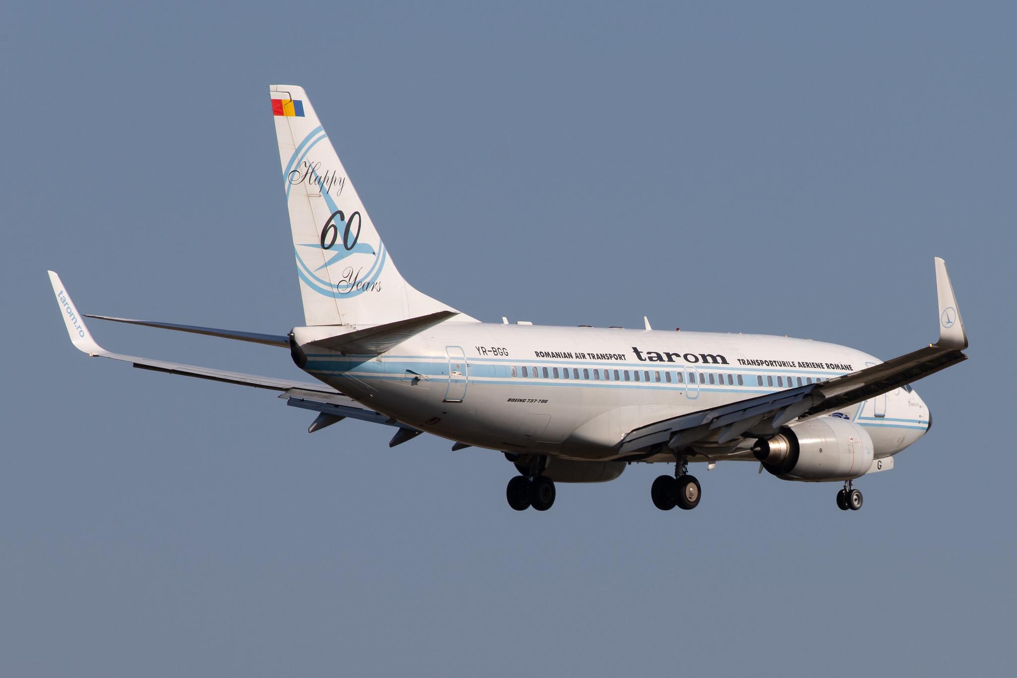 Frankfurt Airport: Tarom (RO / ROT) |  Livery: Happy 60 years Livery |  Boeing 737-78J B737 | YR-BGG | MSN 28442