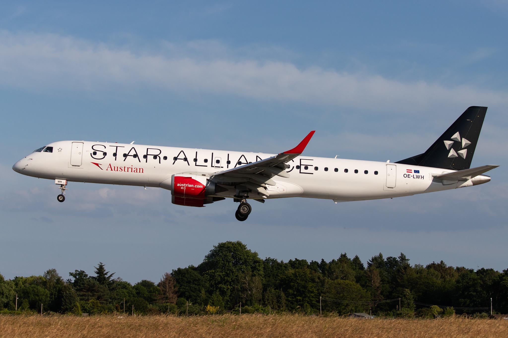 Hamburg Airport: Austrian Airlines (OS / AUA) |  Livery: Star Alliance Livery |  Embraer E195LR E195 | OE-LWH | MSN 19000486