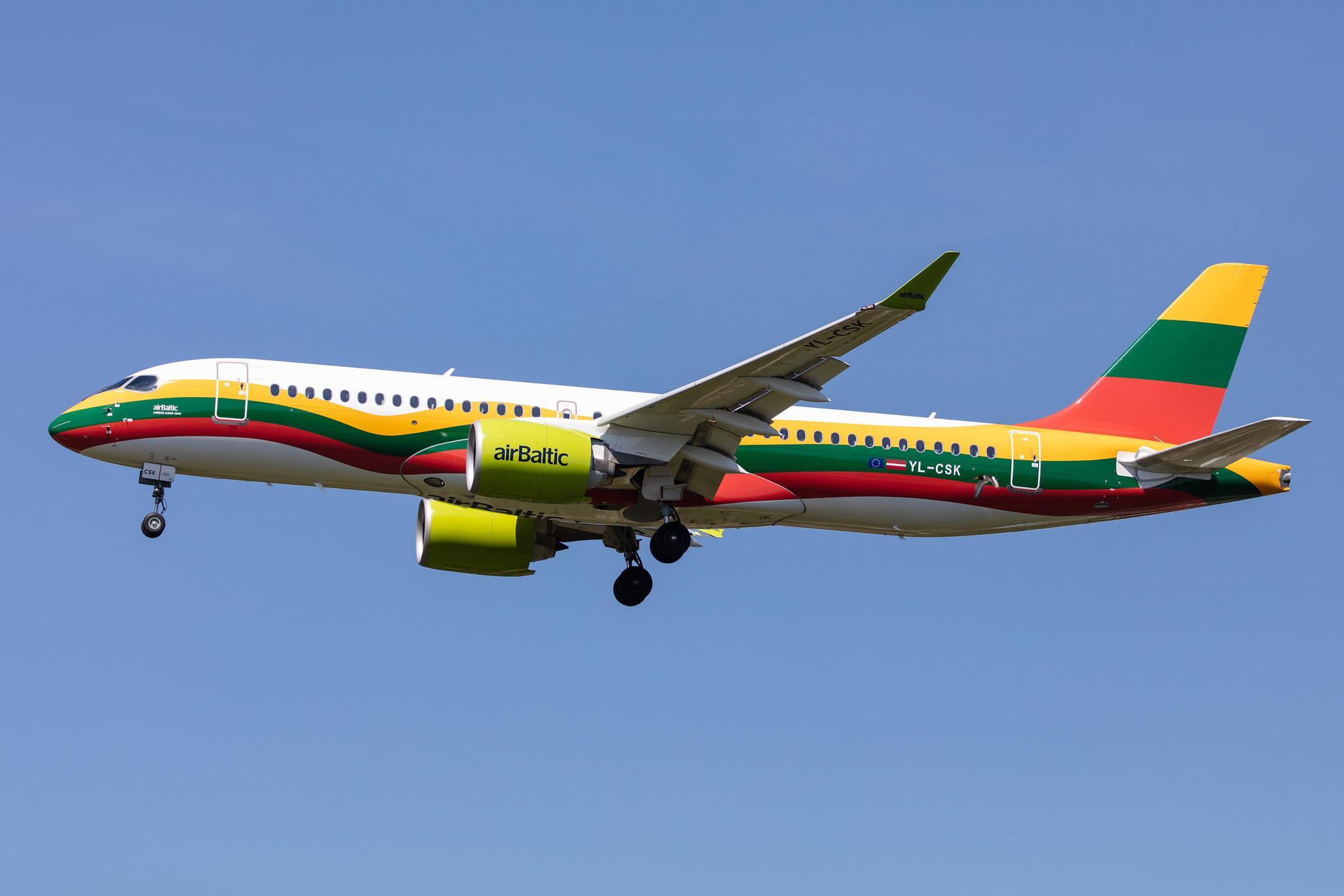 Air Baltic (BT / BTI) |  Livery: Lithuanian Flag Livery |  Airbus A220-300 BCS3 | YL-CSK | MSN 55039