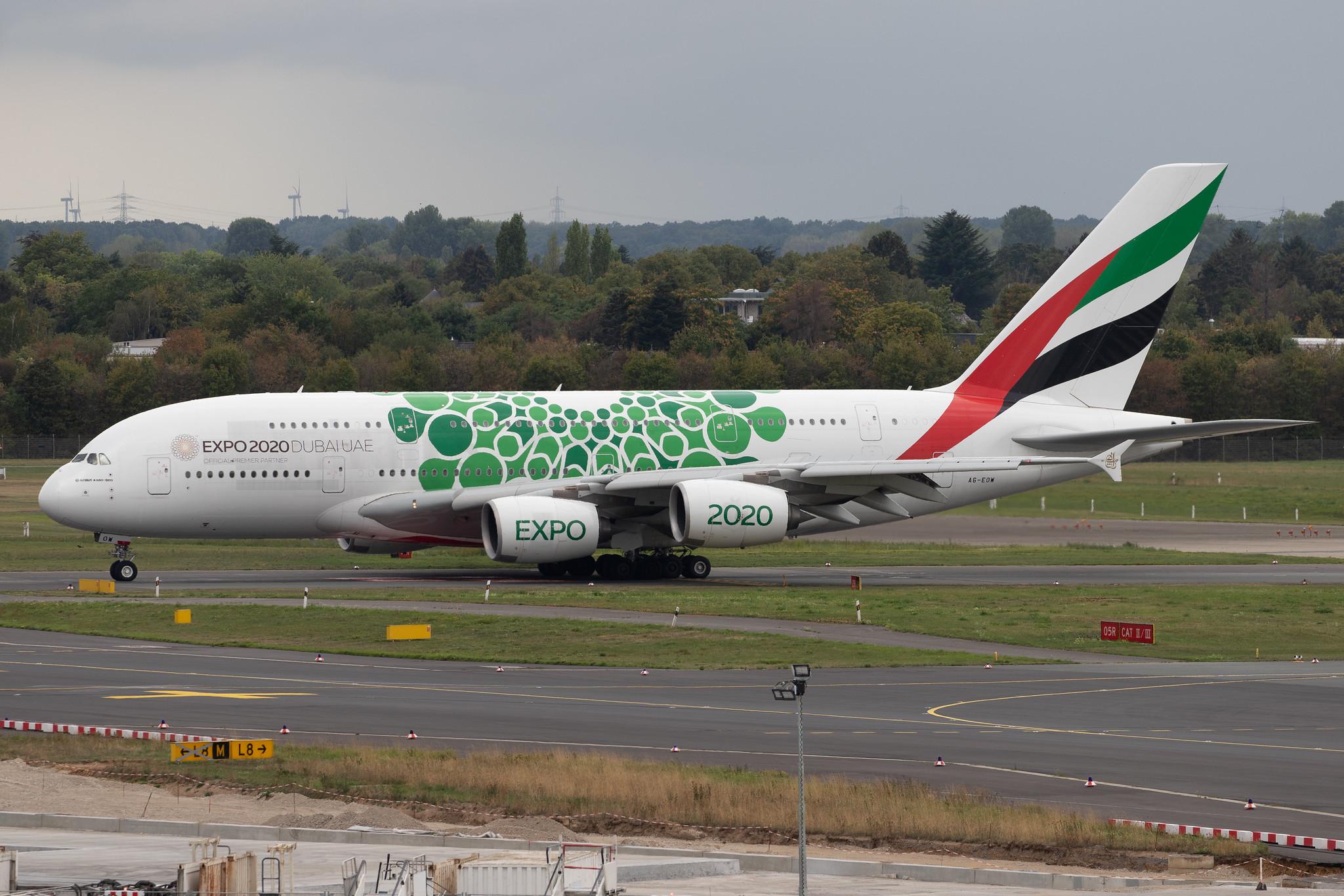 Düsseldorf Airport: Emirates (EK / UAE) |  Livery: Expo 2020 - Sustainability Livery |  Airbus A380-861 A388 | A6-EOW | MSN 207