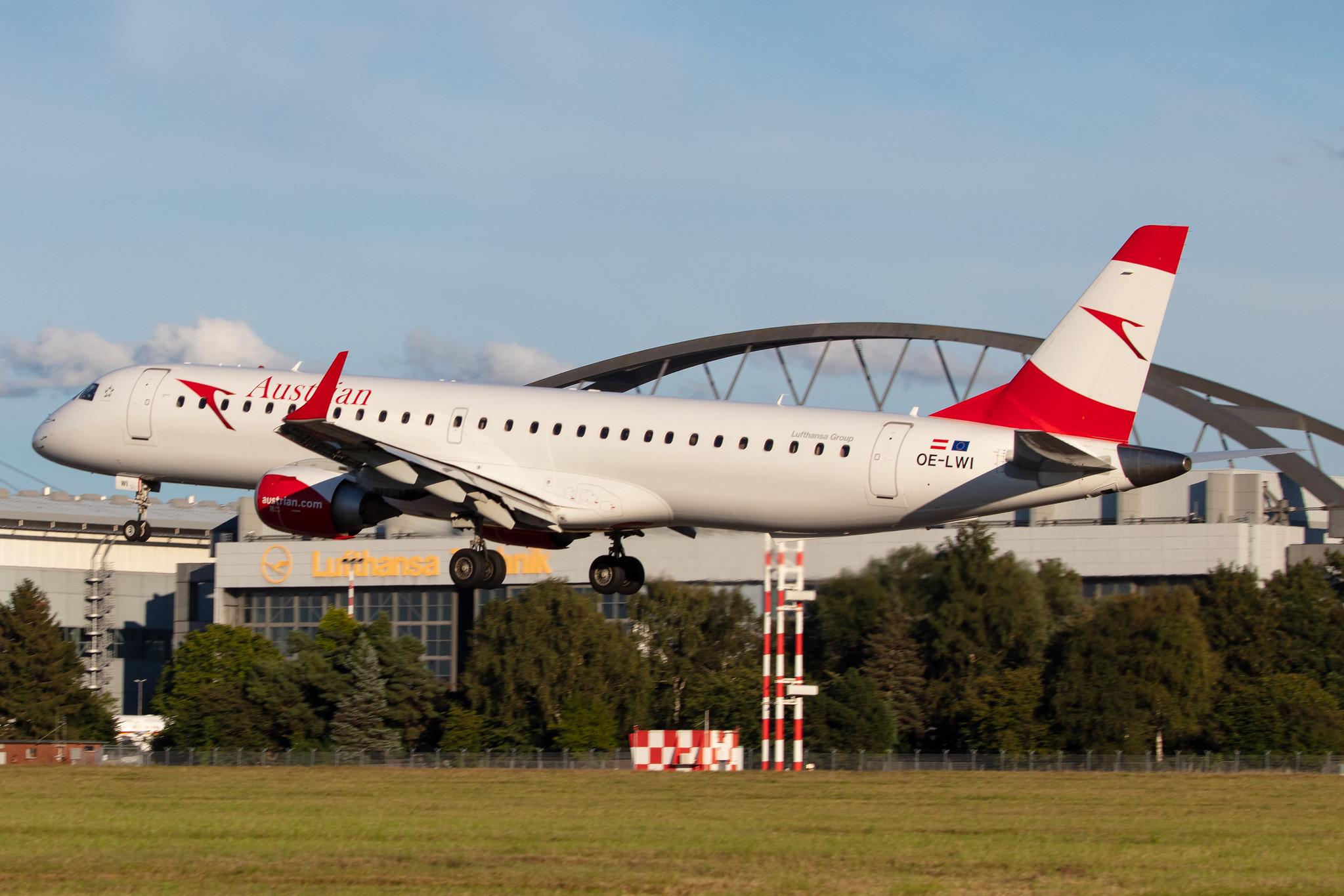 Hamburg Airport: Austrian Airlines (OS / AUA) |  Embraer E195LR E195 | OE-LWI | MSN 19000500