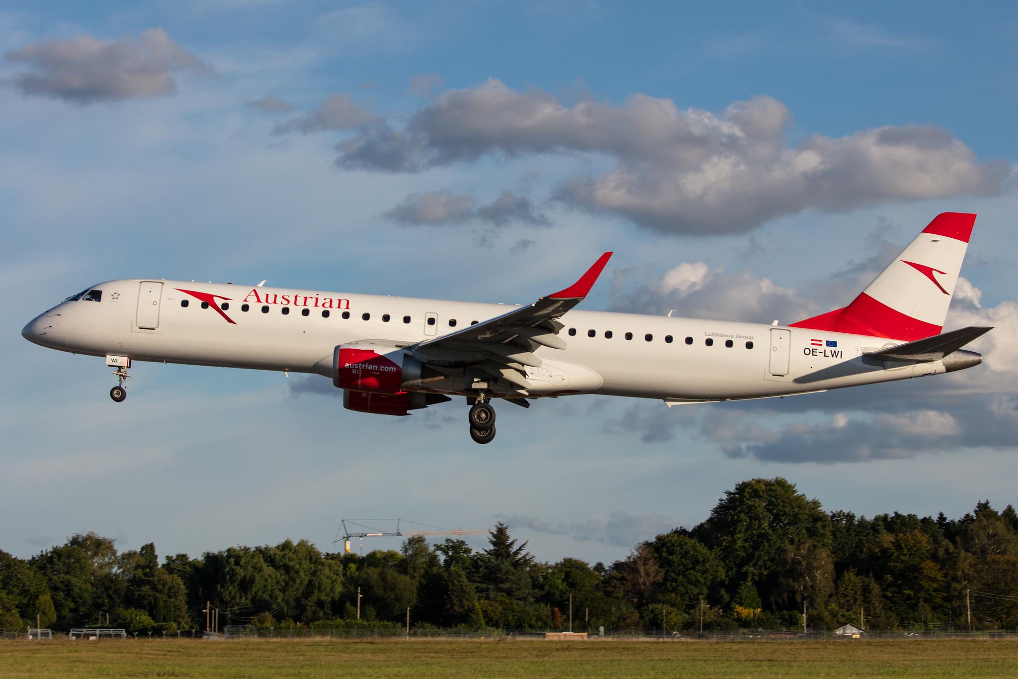Hamburg Airport: Austrian Airlines (OS / AUA) |  Embraer E195LR E195 | OE-LWI | MSN 19000500