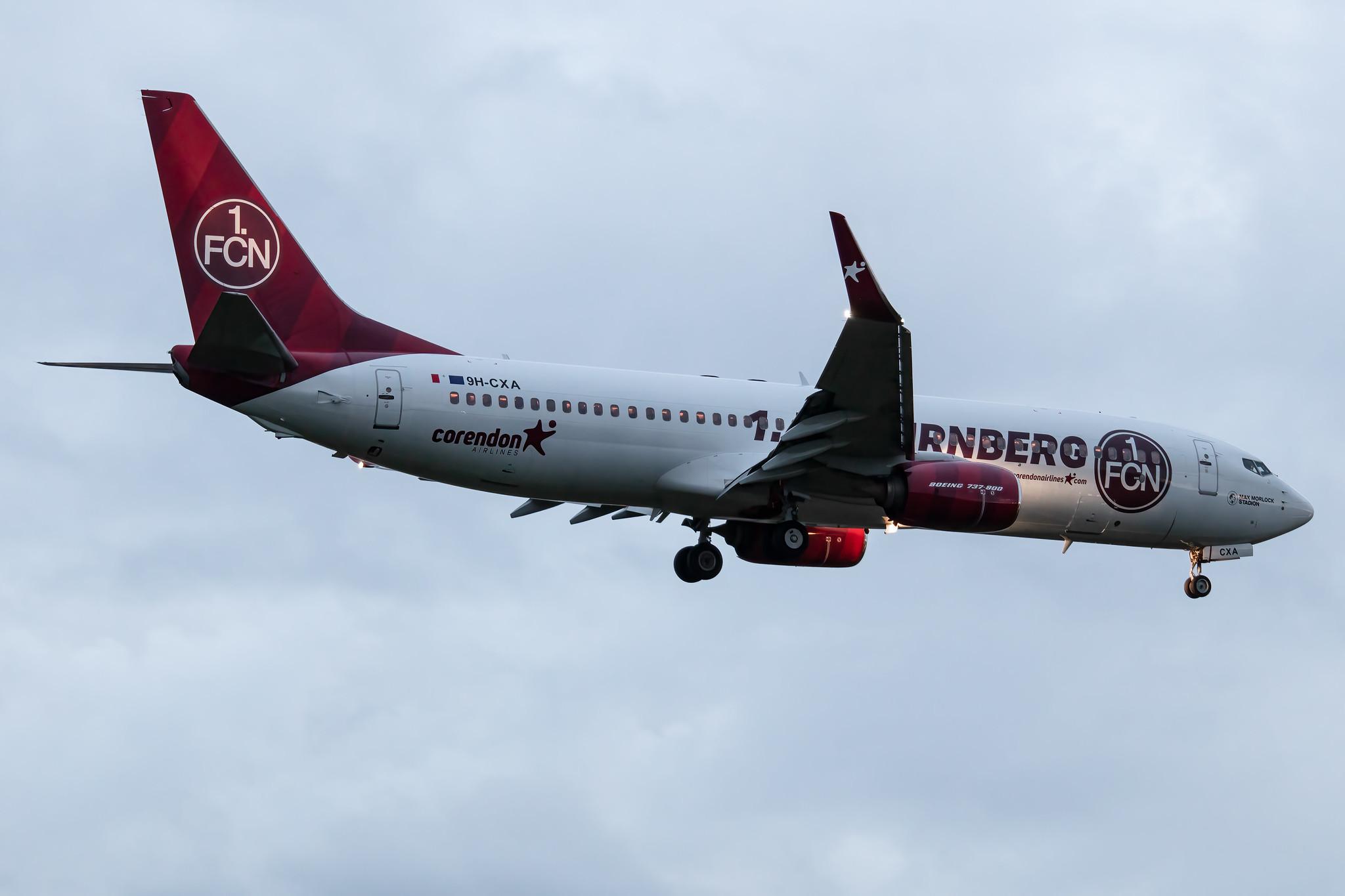 Hamburg Airport: Corendon Airlines (XC / CAI) |  Livery:  1. FC Nürnberg Livery | Operator: Corendon Airlines Europe |  Boeing 737-85R B738 | 9H-CXA | MSN 42804