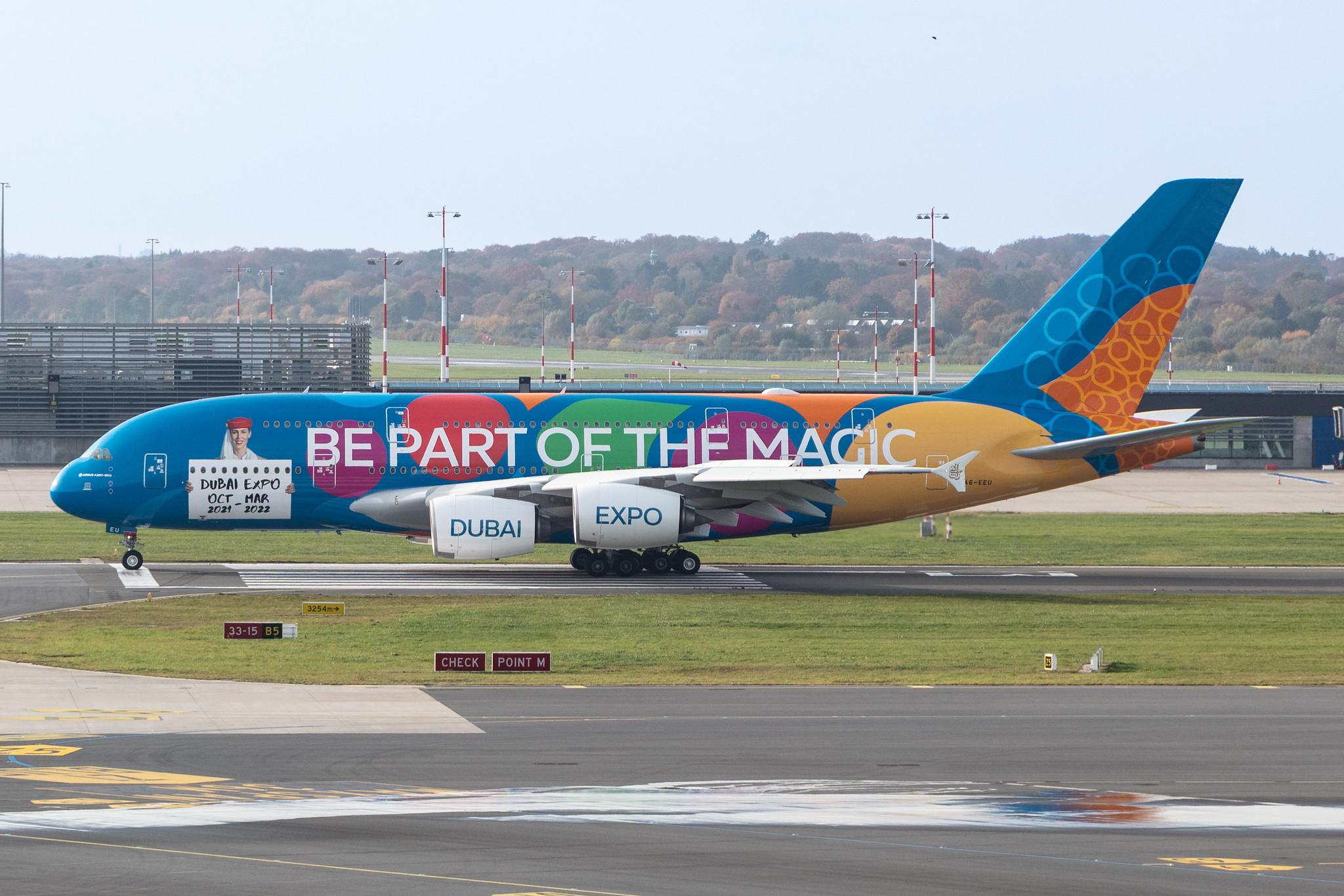 Hamburg Airport: Emirates (EK / UAE) |  Livery: Dubai Expo Livery |  Airbus A380-861 A388 | A6-EEU | MSN 147