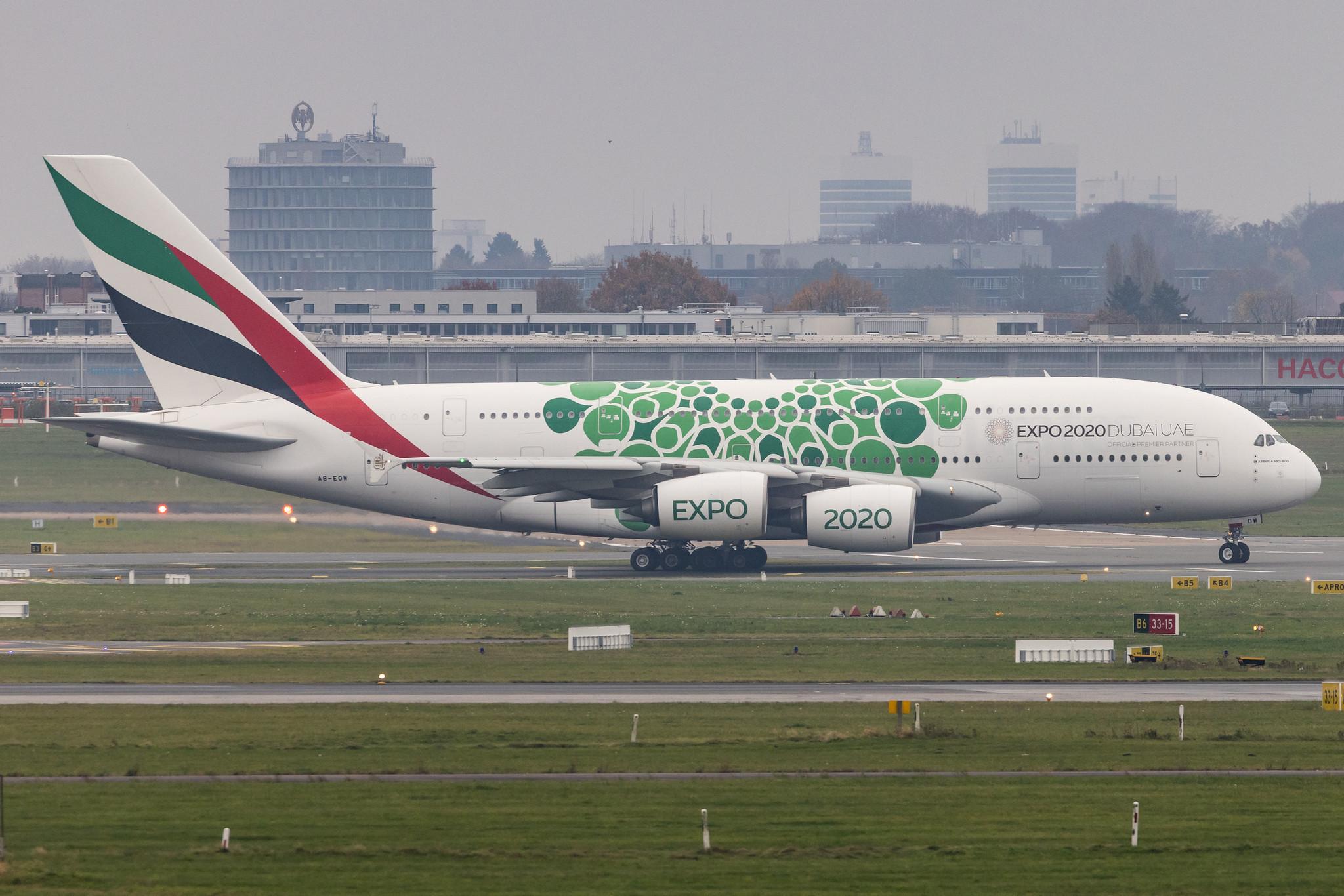 Hamburg Airport: Emirates (EK / UAE) |  Livery: Expo 2020 - Sustainability Livery |  Airbus A380-861 A388 | A6-EOW | MSN 207