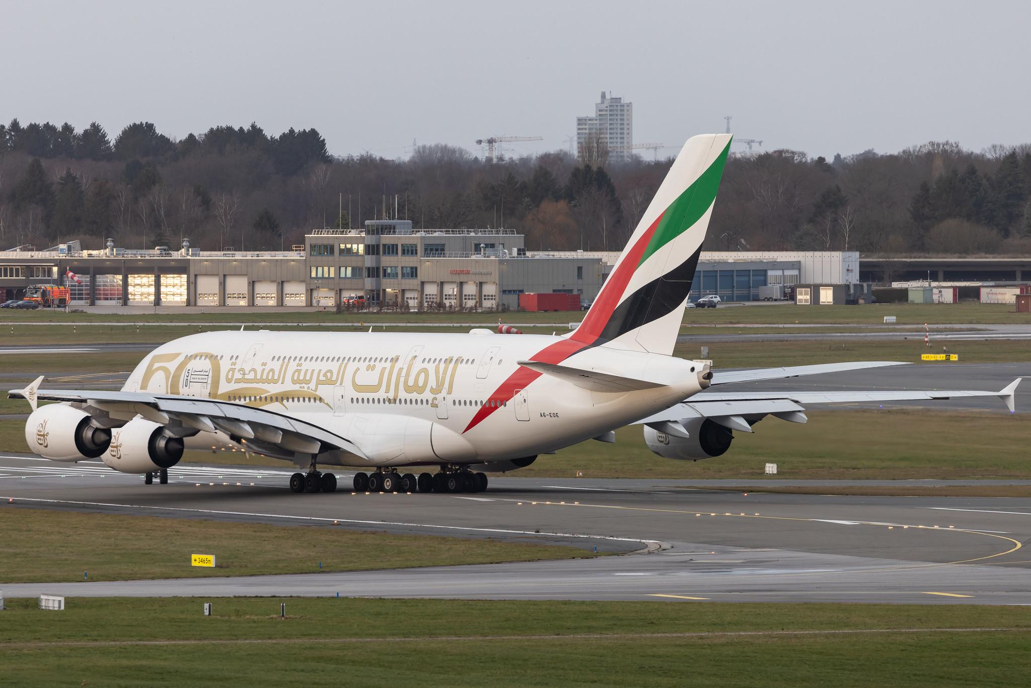 Hamburg Airport: Emirates (EK / UAE) |  Livery: Year of the Fiftieth Livery |  Airbus A380-861 A388 | A6-EOE | MSN 169