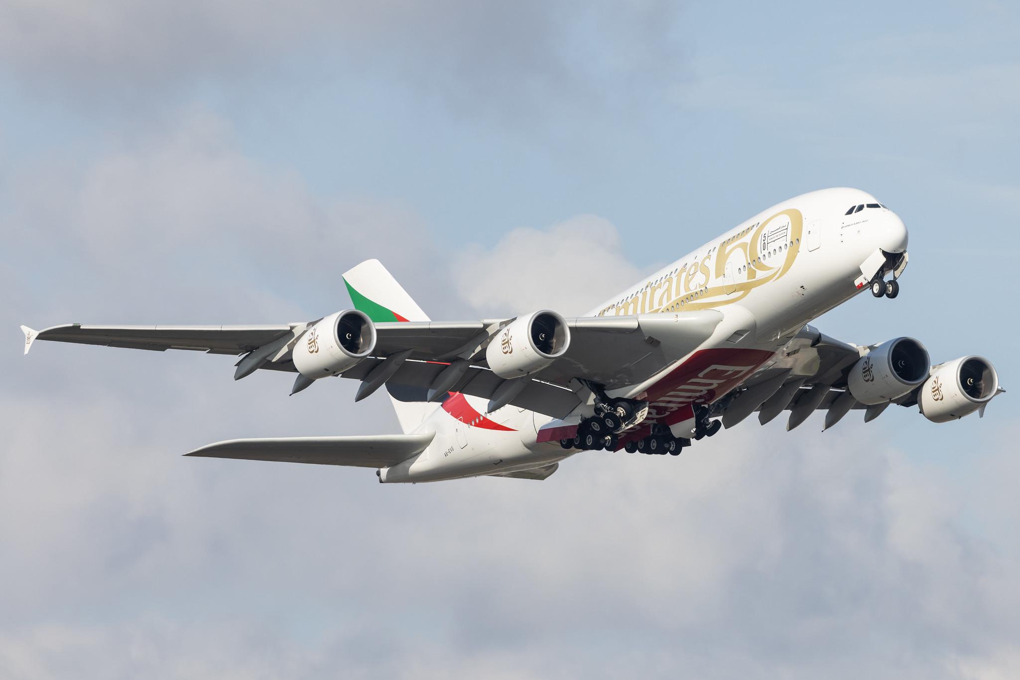 London Heathrow: Emirates (EK / UAE) |  Livery: Year of the Fiftieth Livery |  Airbus A380-842 A388 | A6-EVG | MSN 256