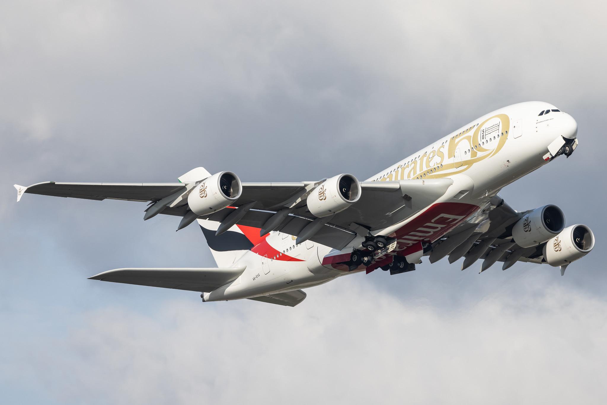 London Heathrow: Emirates (EK / UAE) |  Livery: Year of the Fiftieth Livery |  Airbus A380-842 A388 | A6-EVG | MSN 256
