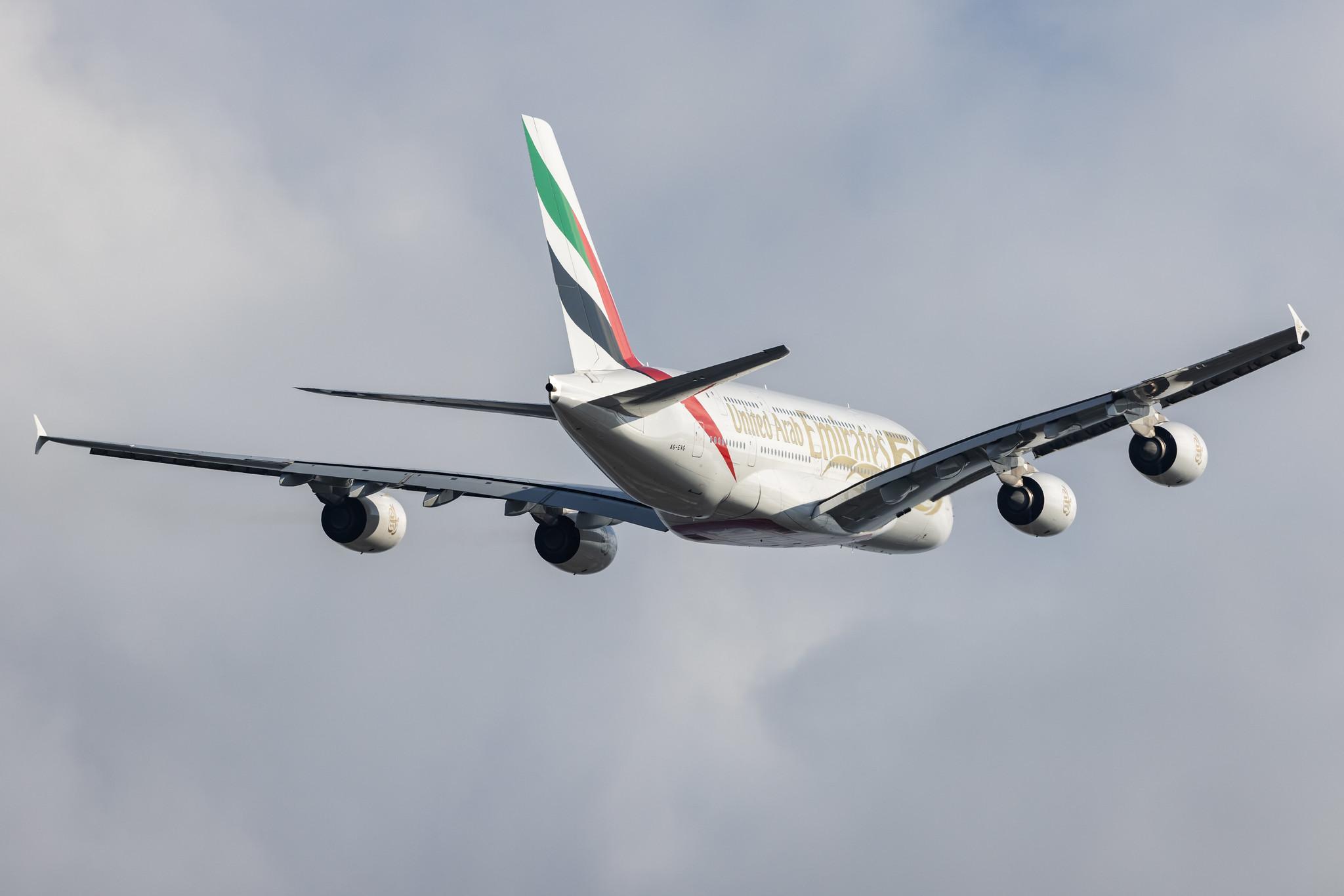 London Heathrow: Emirates (EK / UAE) |  Livery: Year of the Fiftieth Livery |  Airbus A380-842 A388 | A6-EVG | MSN 256