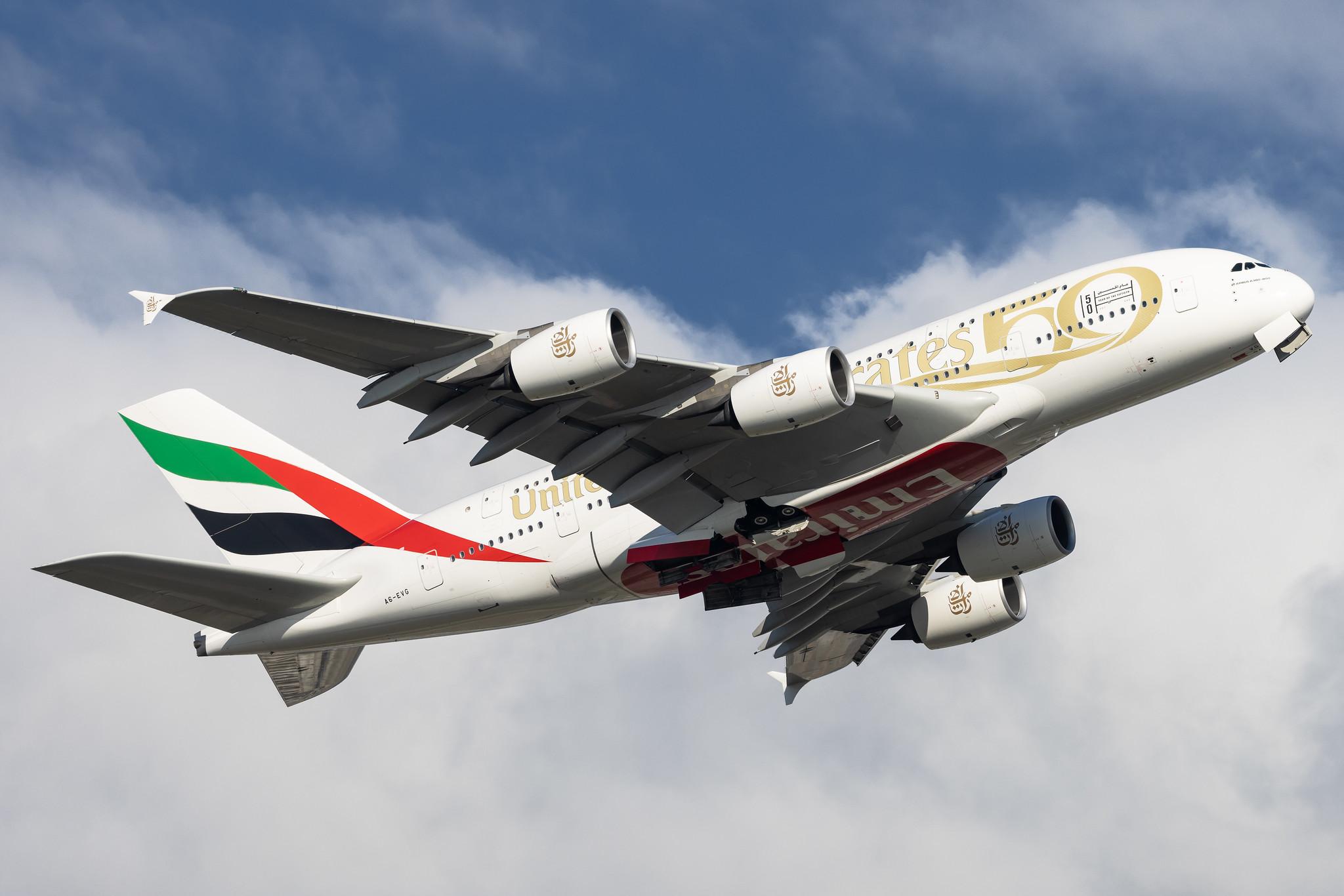 London Heathrow: Emirates (EK / UAE) |  Livery: Year of the Fiftieth Livery |  Airbus A380-842 A388 | A6-EVG | MSN 256