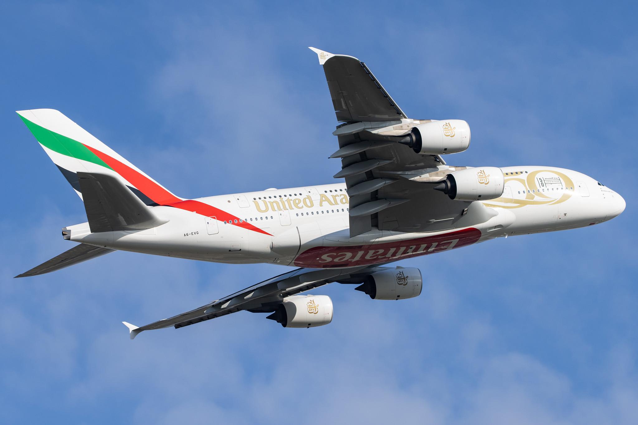 London Heathrow: Emirates (EK / UAE) |  Livery: Year of the Fiftieth Livery |  Airbus A380-842 A388 | A6-EVG | MSN 256