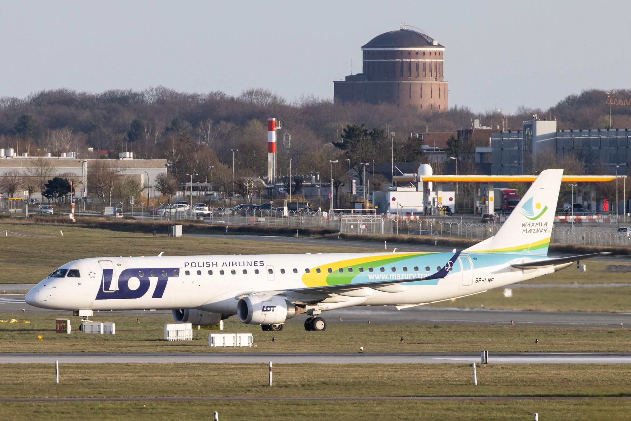 Hamburg Airport: LOT (LO / LOT) |  Livery: Warmia Mazury Livery |  Embraer E195LR E195 | SP-LNF | MSN 19000596