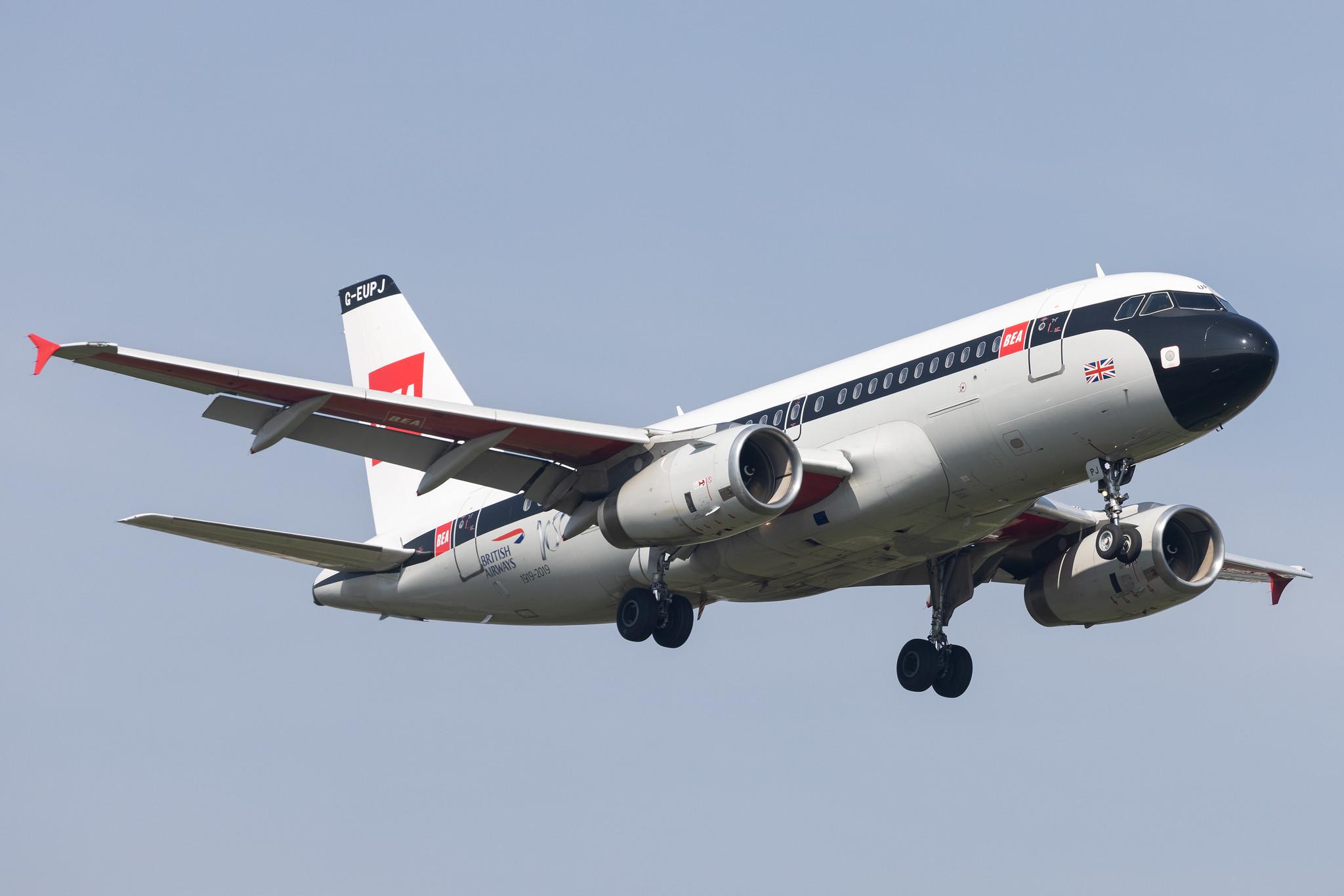 London Heathrow: British Airways (BA / BAW) |  Livery: BEA Retro Livery |  Airbus A319-131 A319 | G-EUPJ | MSN 1232