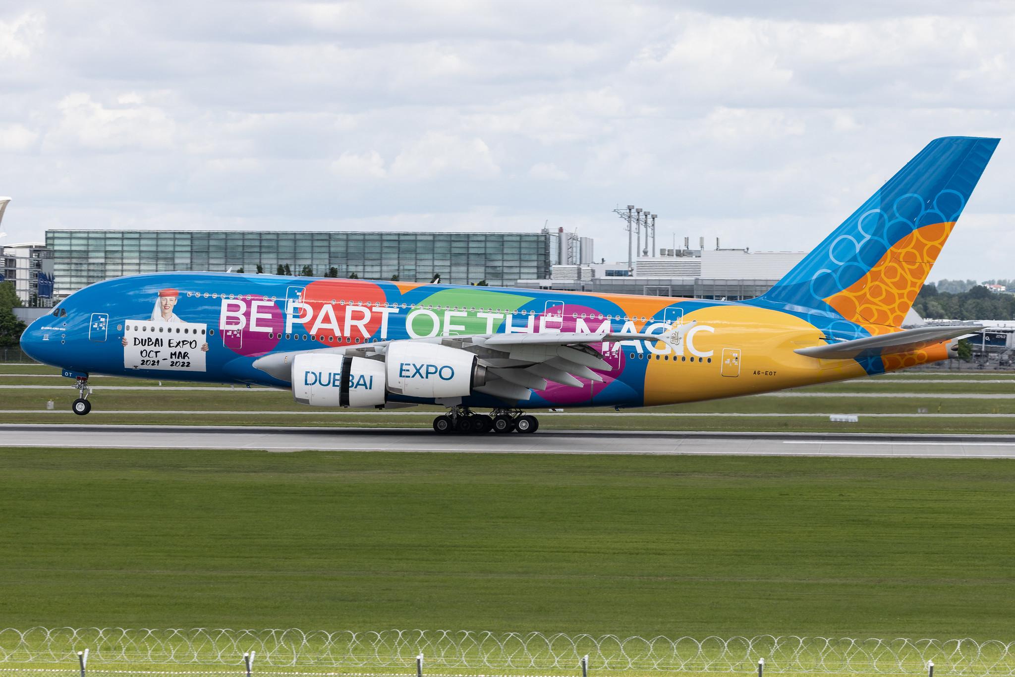 Munich Airport: Emirates (EK / UAE) |  Livery: Destination Dubai Livery |  Airbus A380-861 A388 | A6-EOT | MSN 204