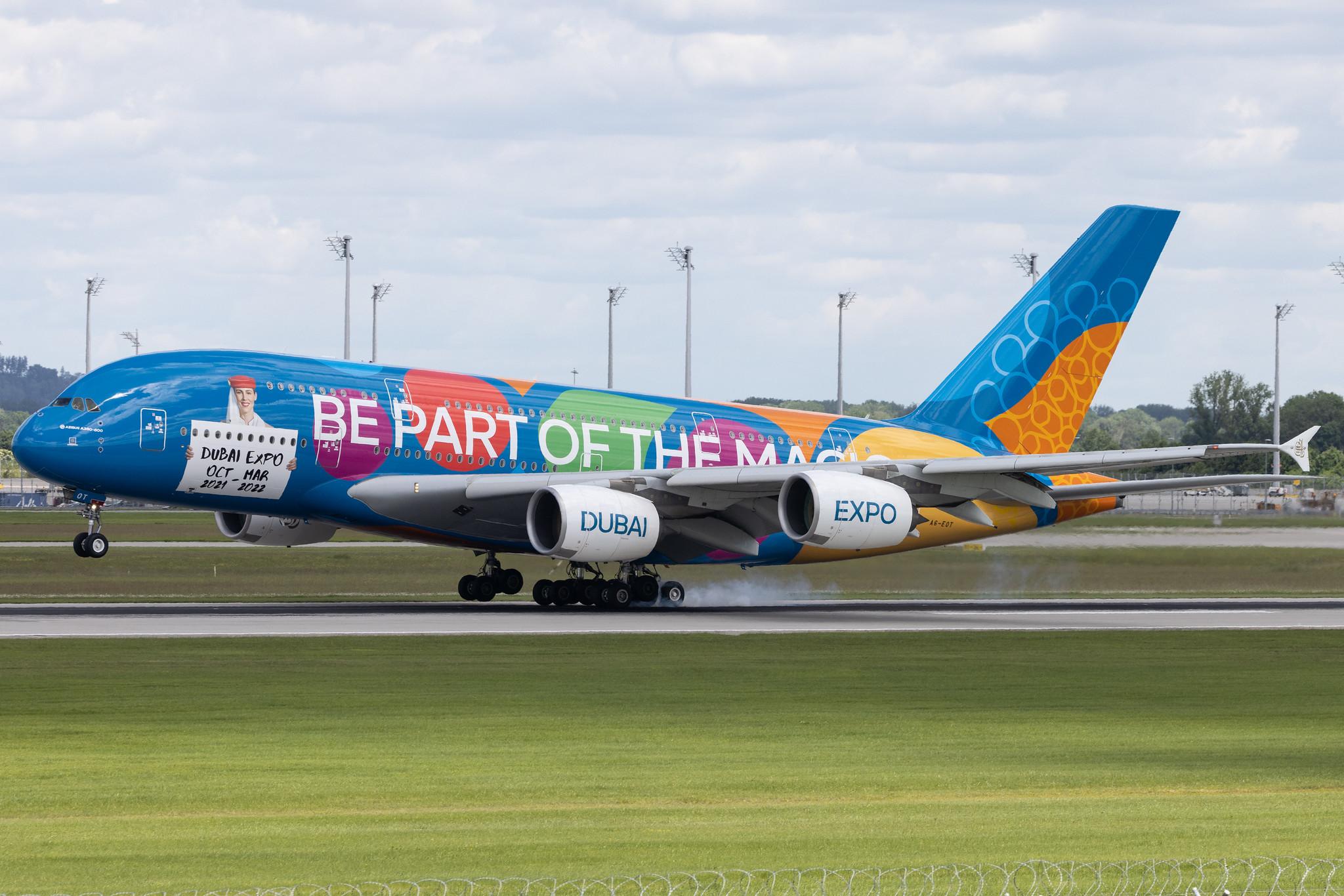 Munich Airport: Emirates (EK / UAE) |  Livery: Destination Dubai Livery |  Airbus A380-861 A388 | A6-EOT | MSN 204
