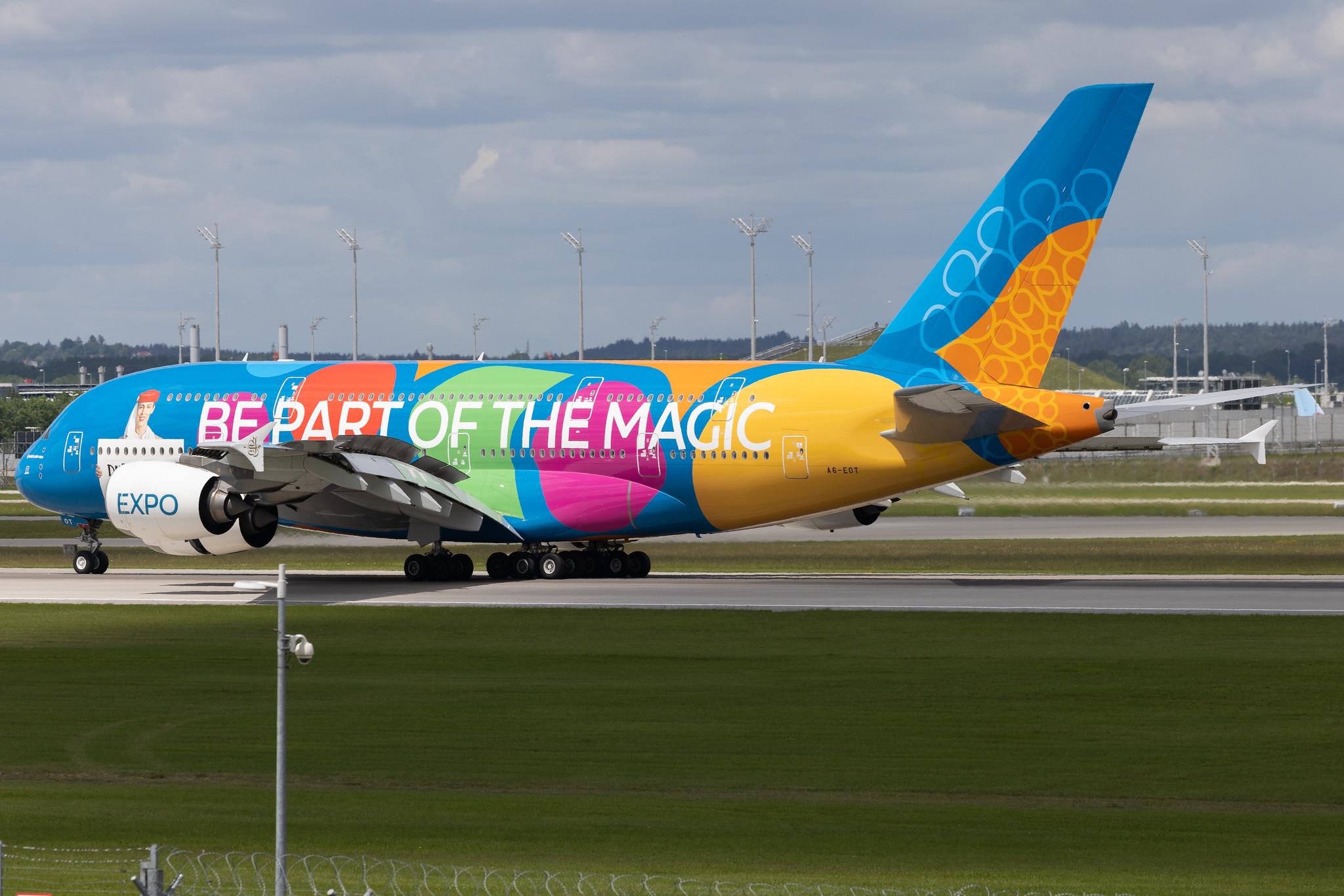 Munich Airport: Emirates (EK / UAE) |  Livery: Destination Dubai Livery |  Airbus A380-861 A388 | A6-EOT | MSN 204