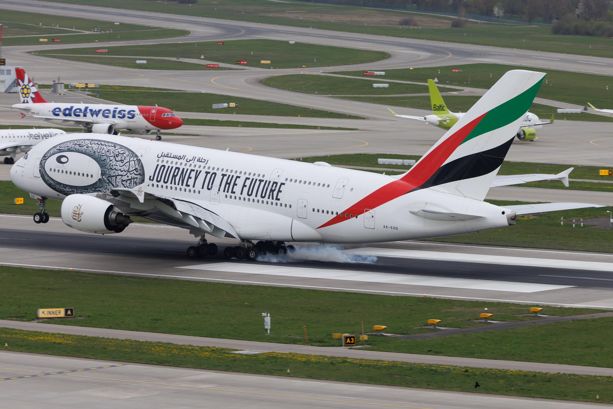 Flughafen Zürich: Emirates (EK / UAE) | Livery: Journey to the Future Livery | Airbus A380-861 A388 | A6-EOD | MSN 168