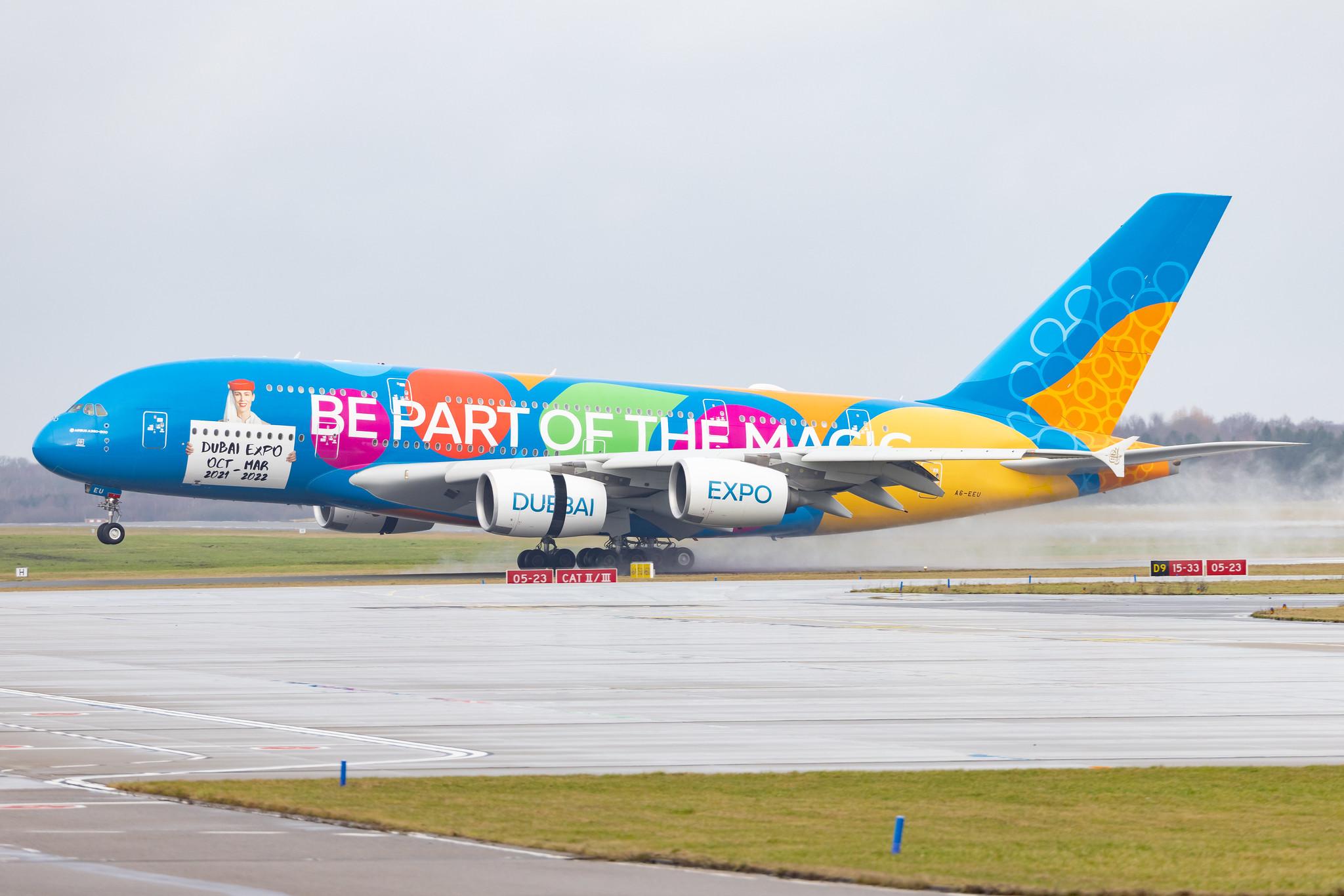 Hamburg Airport: Emirates (EK / UAE) |  Livery: Dubai Expo Livery |  Airbus A380-861 A388 | A6-EEU | MSN 147