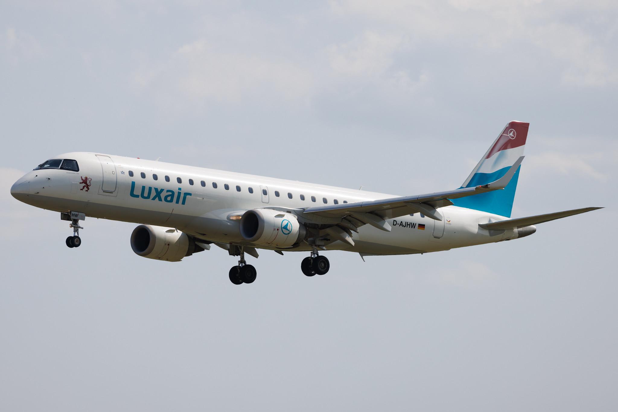 Luxembourg Findel Airport: Luxair (LG / LGL) | Operator: German Airways |  Embraer E190LR E190 | D-AJHW | MSN 19000061