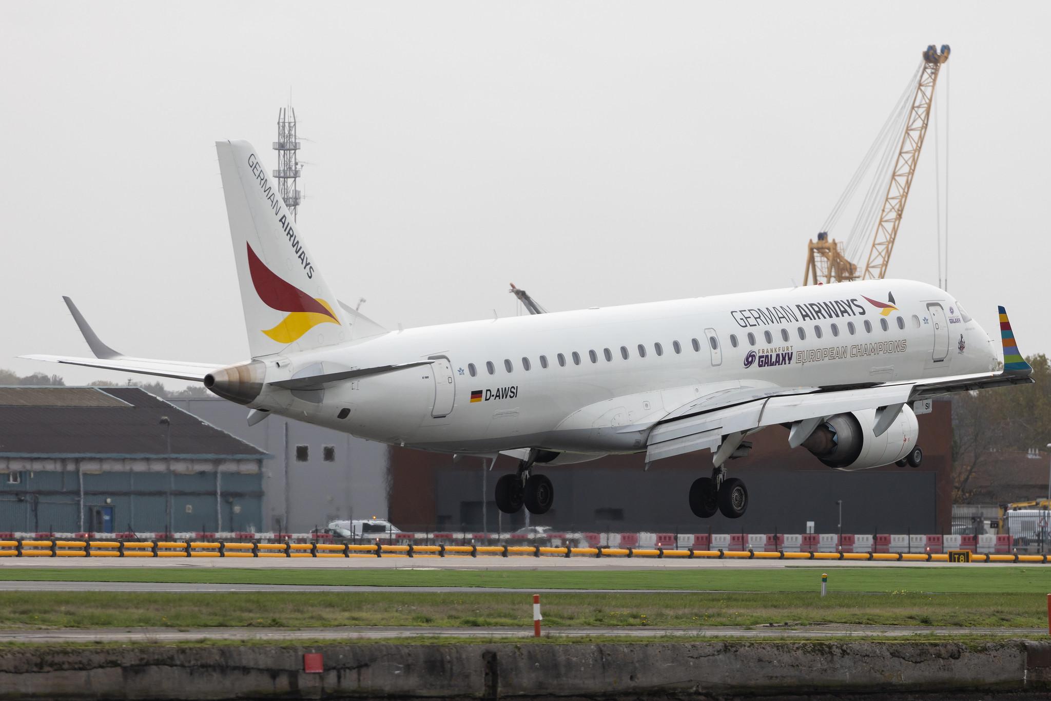 London City Airport: German Airways (ZQ / GER) | Embraer E190LR E190 | D-AWSI | MSN 19000074