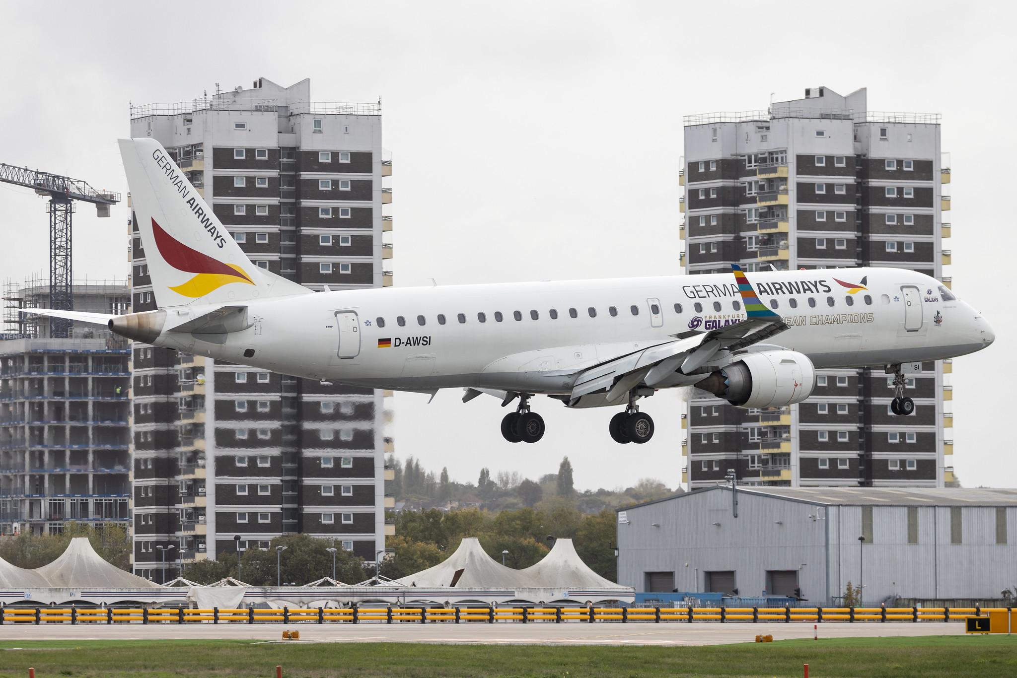 London City Airport: German Airways (ZQ / GER) | Embraer E190LR E190 | D-AWSI | MSN 19000074