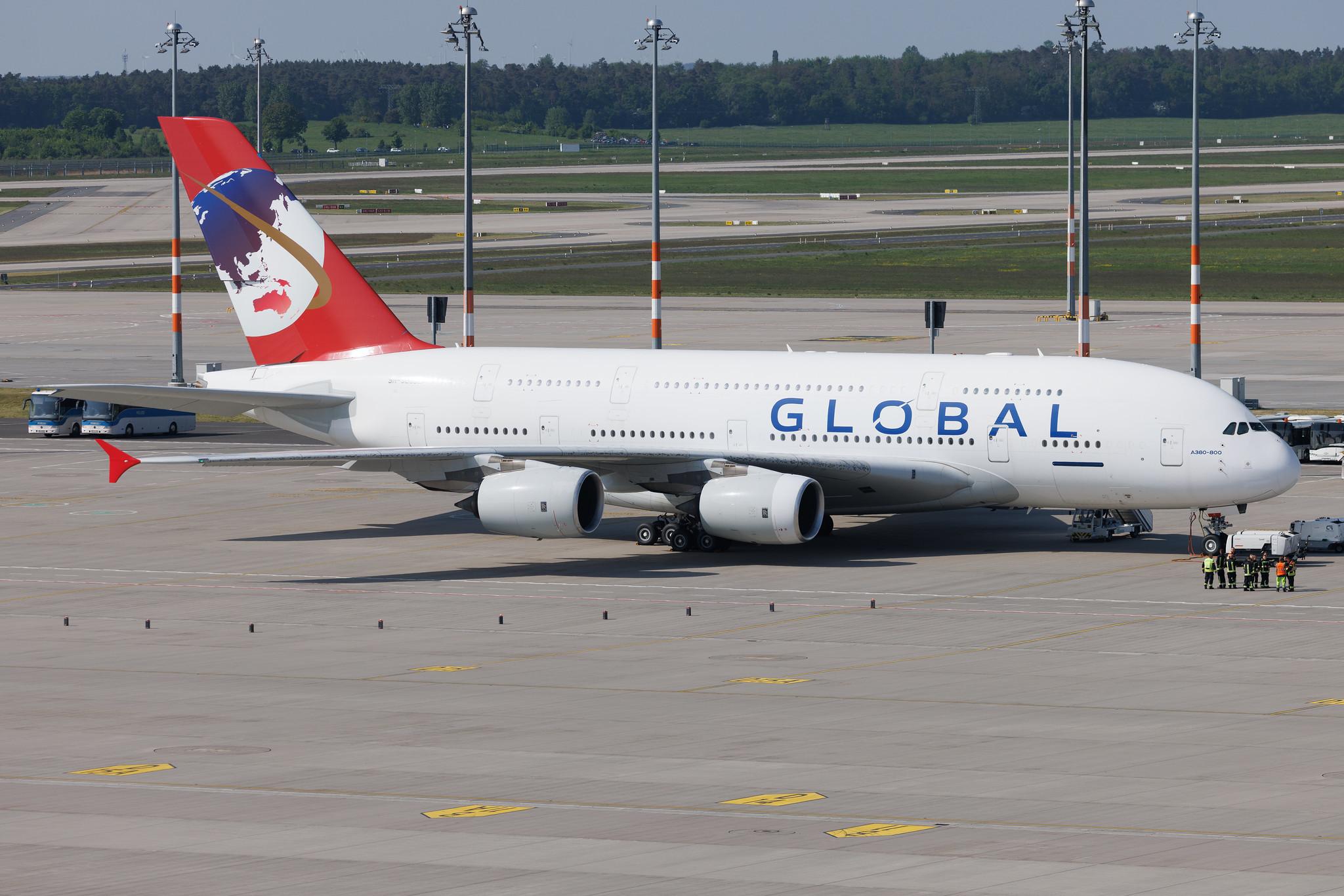 Flughafen Berlin Brandenburg: Global Airlines  | Operator: Hi Fly Malta | Airbus A380-841 A388 | 9H-GLOBL | MSN 120