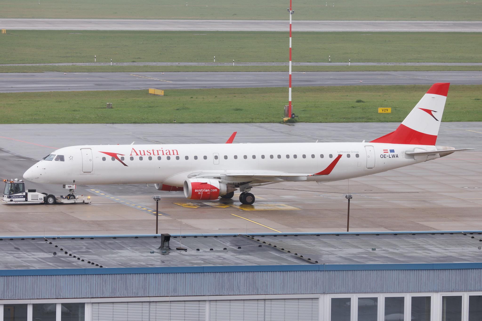 Düsseldorf Airport: Austrian Airlines (OS / AUA) | Embraer E195LR E195 | OE-LWA | MSN 19000314